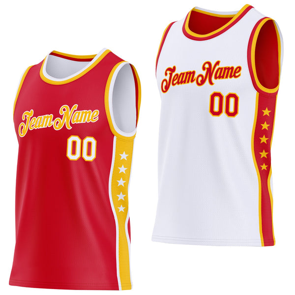 Custom Reversible Red White-Gold Double Side Star Sublimation Basketball Set Jersey