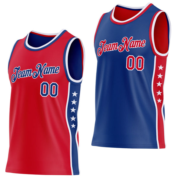 Custom Reversible Red Royal-White Double Side Star Sublimation Basketball Set Jersey