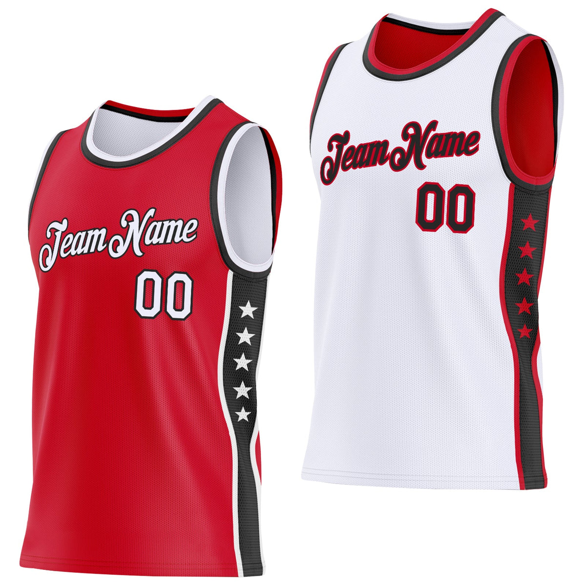 Custom Reversible Red White-Black Double Side Star Sublimation Basketball Set Jersey