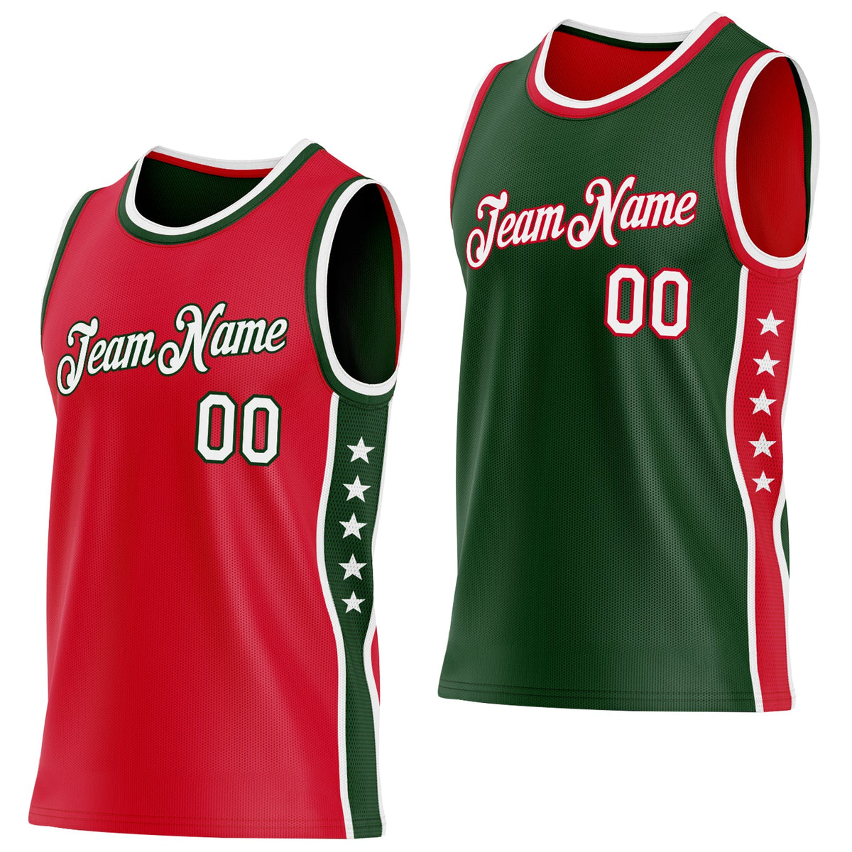 Custom Reversible Red White-Green Double Side Star Sublimation Basketball Set Jersey