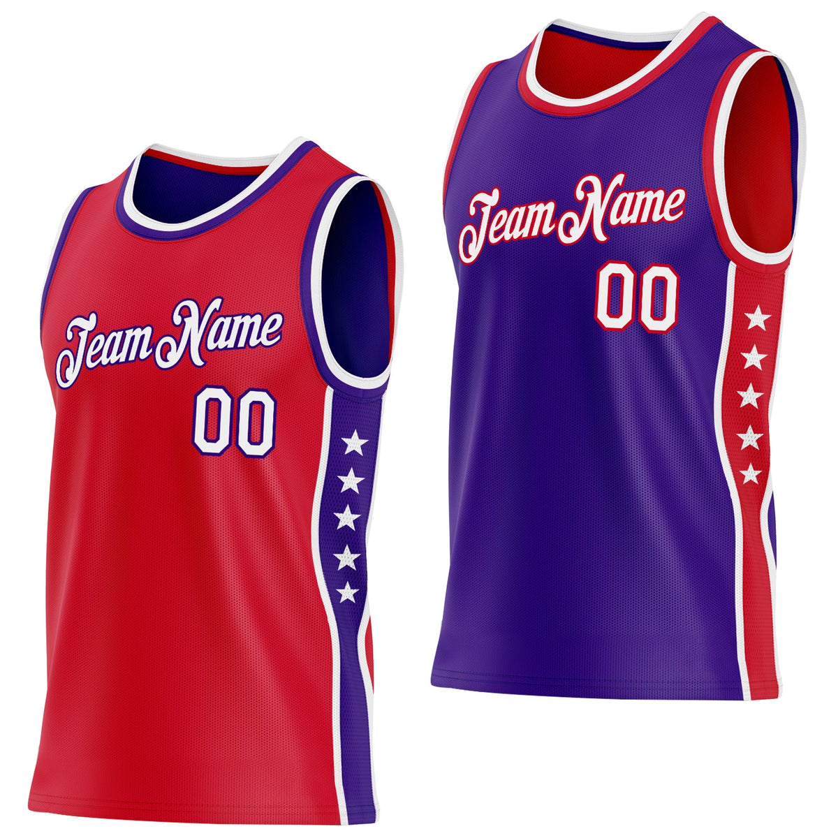 Custom Reversible Red White-Purple Double Side Star Sublimation Basketball Set Jersey