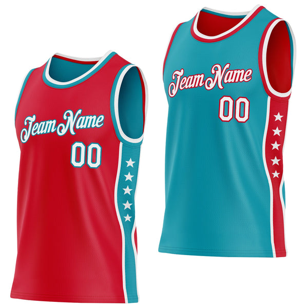 Custom Reversible Red White-Teal Double Side Star Sublimation Basketball Set Jersey