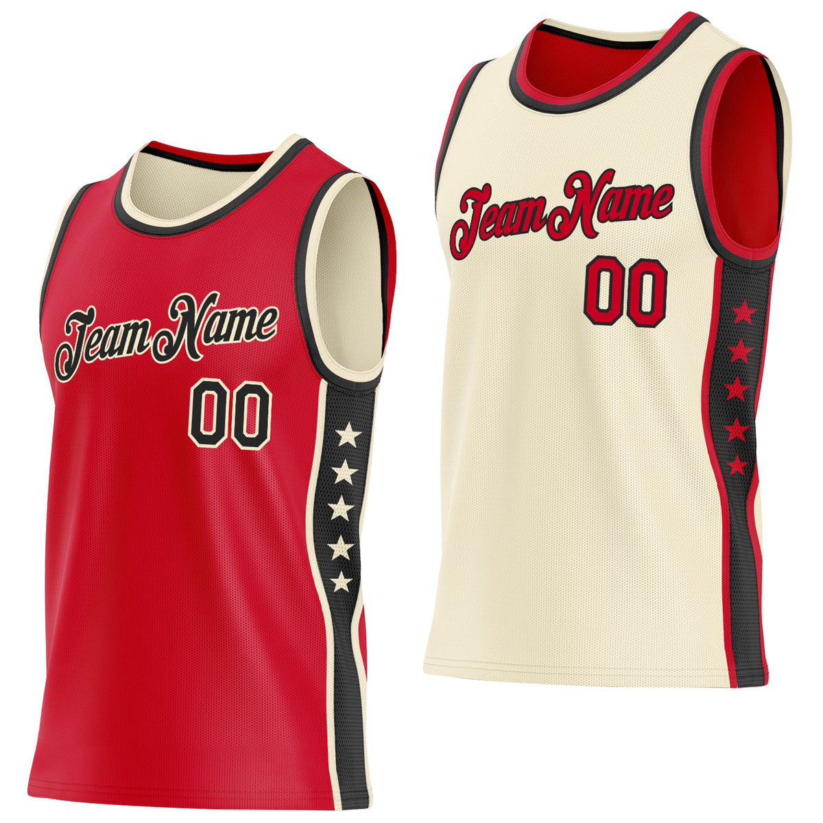 Custom Reversible Red Black-Cream Double Side Star Sublimation Basketball Set Jersey