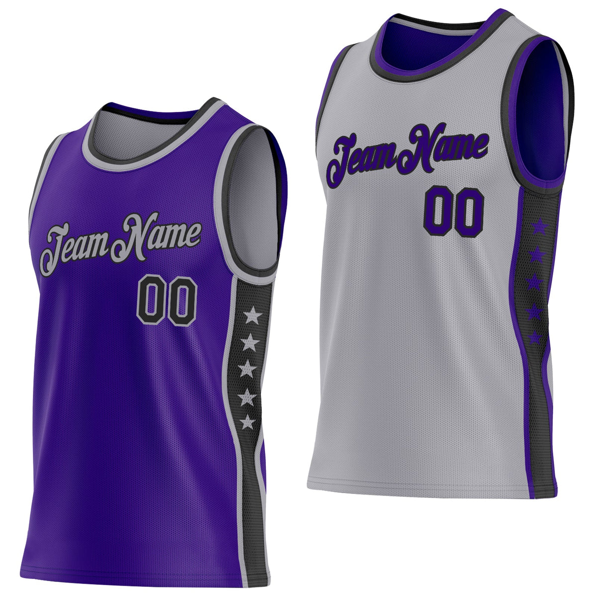 Custom Reversible Purple Black-Gray Double Side Star Sublimation Basketball Set Jersey