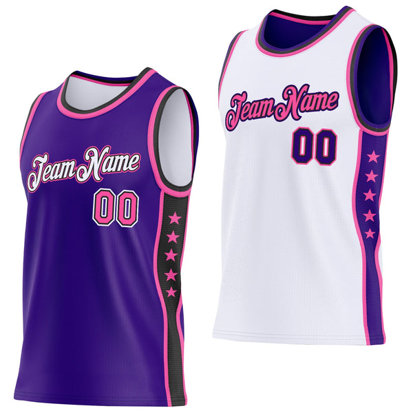 Custom Reversible Purple Pink White-Black Double Side Star Sublimation Basketball Set Jersey