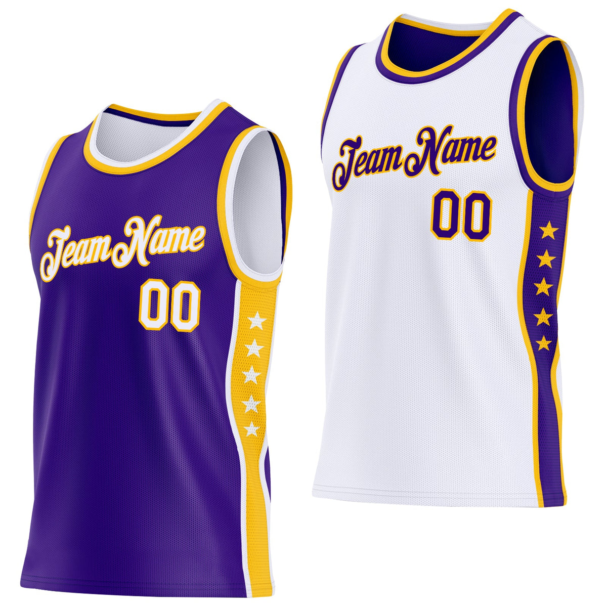 Custom Reversible Purple White-Gold Double Side Star Sublimation Basketball Set Jersey