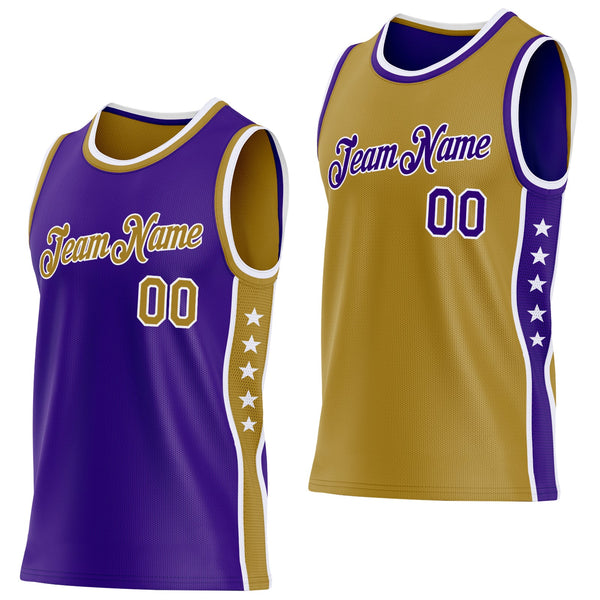 Custom Reversible Purple Old Gold-White Double Side Star Sublimation Basketball Suit Jersey