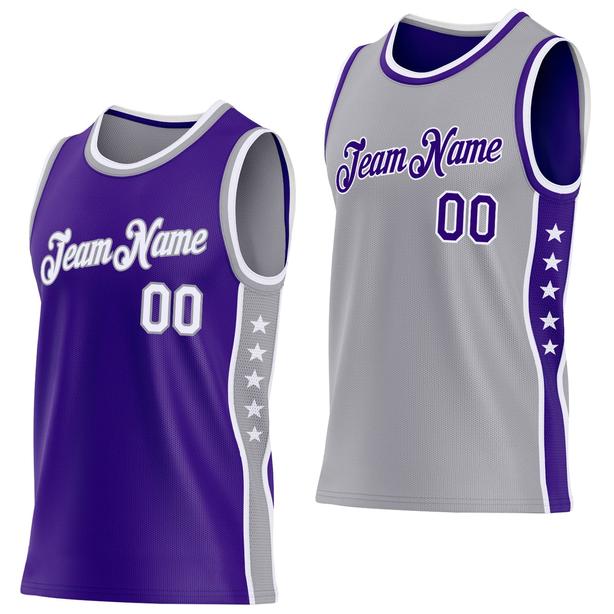 Custom Reversible Purple White-Gray Double Side Star Sublimation Basketball Set Jersey
