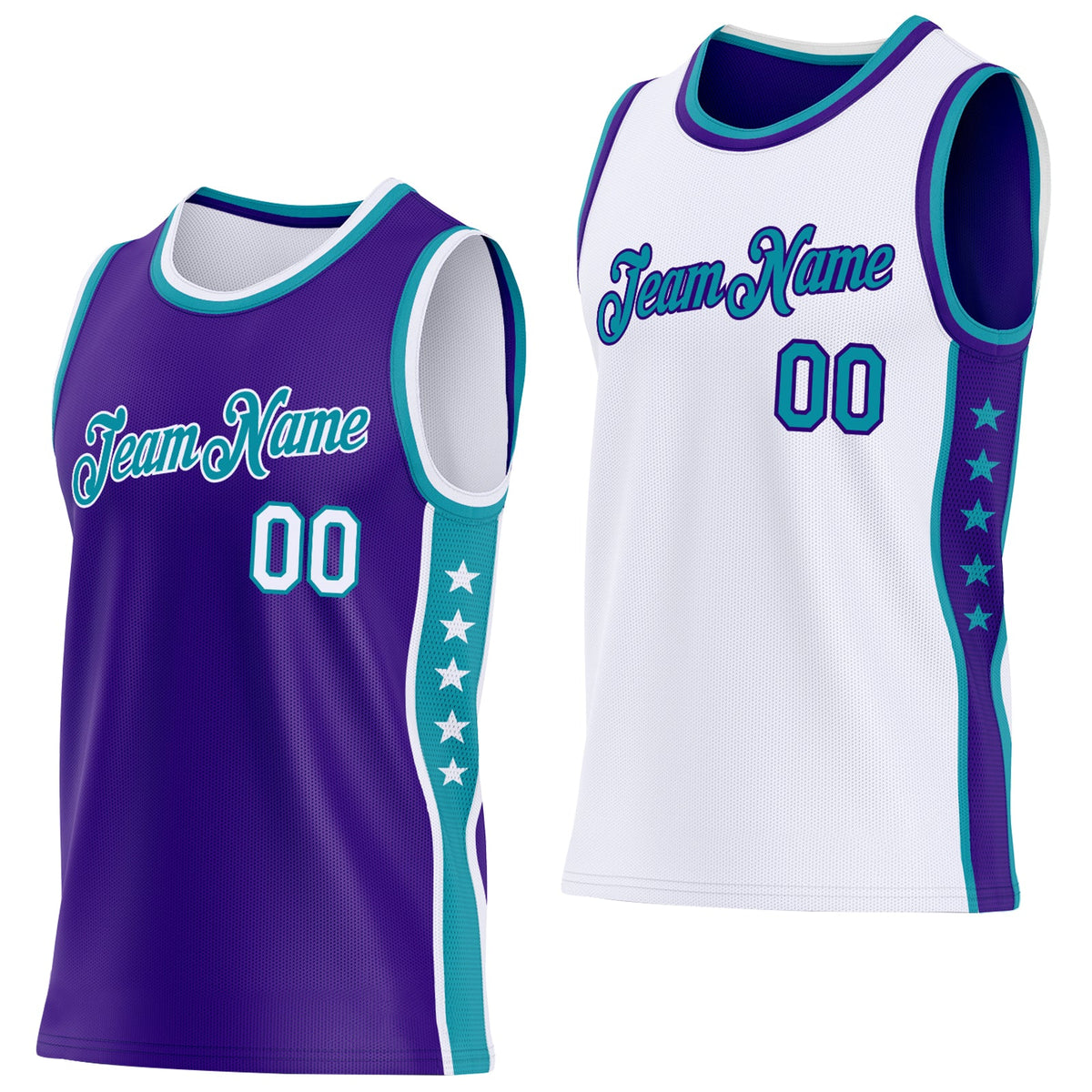 Custom Reversible Purple White-Teal Double Side Star Sublimation Basketball Suit Jersey