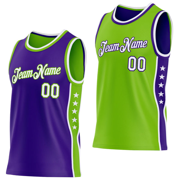 Custom Reversible Purple White-Neon Green Double Side Star Sublimation Basketball Set Jersey