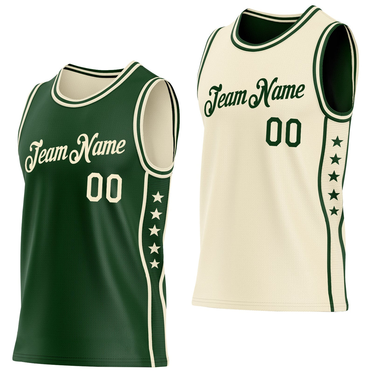 Custom Reversible Green Cream Double Side Star Sublimation Basketball Set Jersey