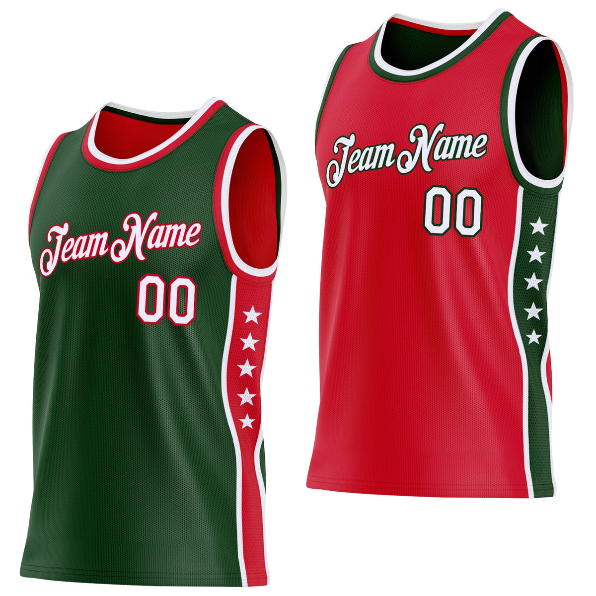 Custom Reversible Green White-Red Double Side Star Sublimation Basketball Set Jersey