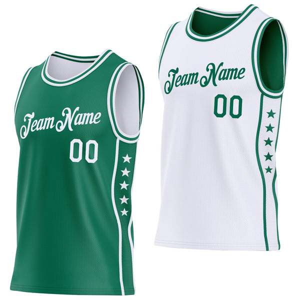 Custom Reversible Kelly Green White Double Side Star Sublimation Basketball Set Jersey
