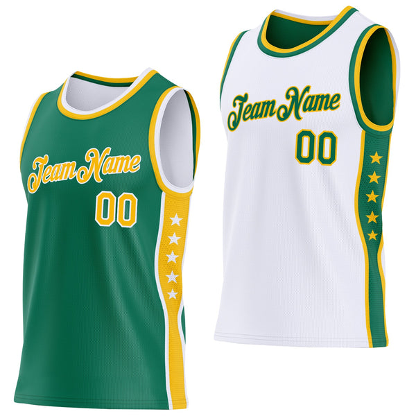 Custom Reversible Kelly Green Gold-White Double Side Star Sublimation Basketball Set Jersey