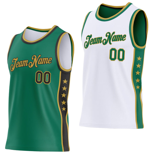 Custom Reversible Kelly Green Black-Old Gold Double Side Star Sublimation Basketball Set Jersey