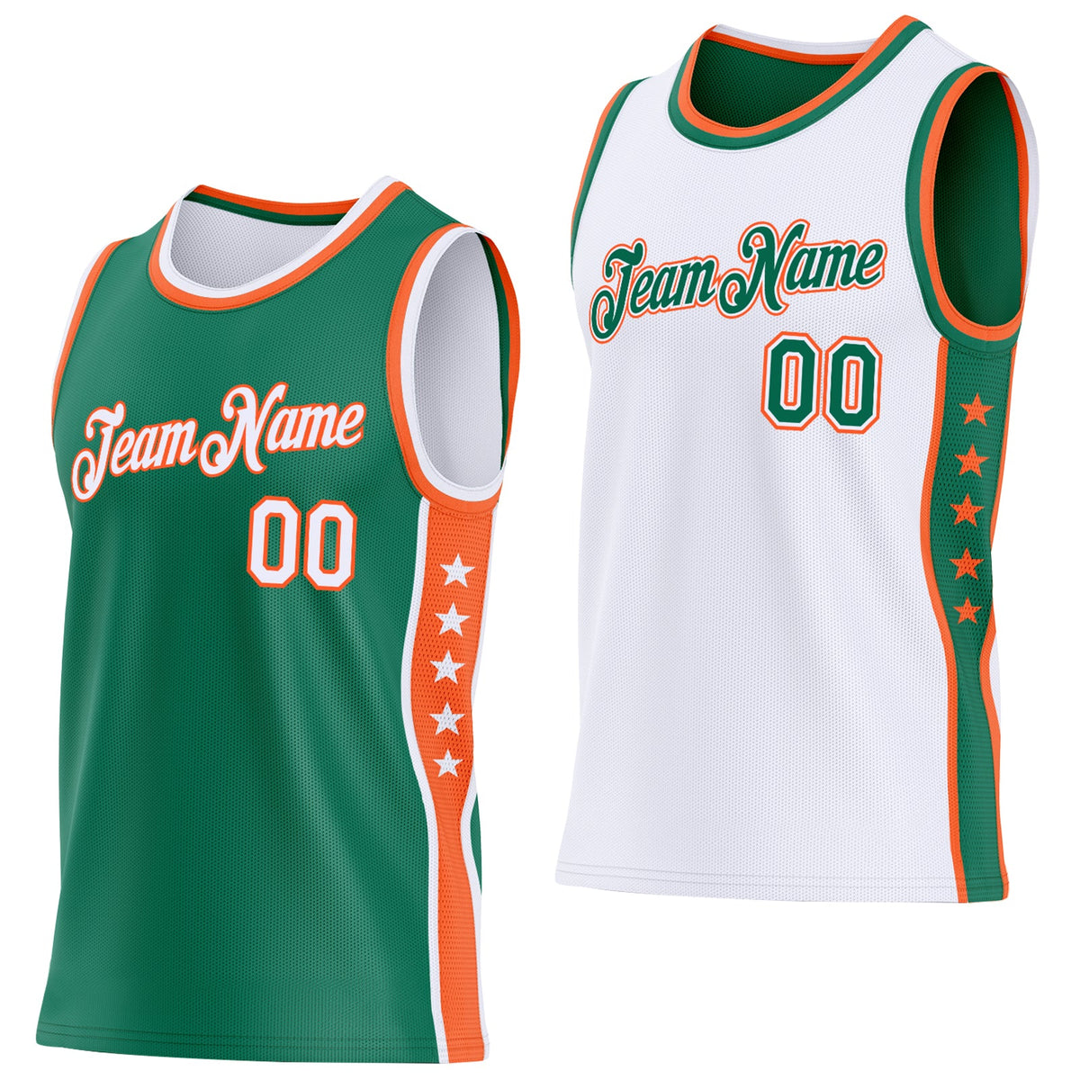 Custom Reversible Kelly Green White-Orange Double Side Star Sublimation Basketball Set Jersey