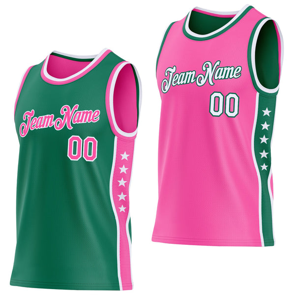 Custom Reversible Kelly Green Pink-White Double Side Star Sublimation Basketball Set Jersey