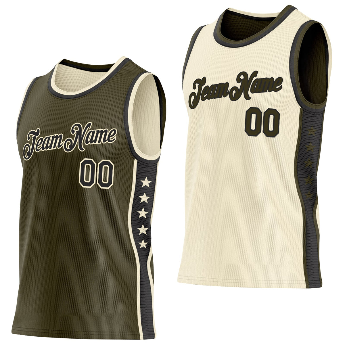 Custom Reversible Olive Black-Cream Double Side Star Sublimation Basketball Set Jersey