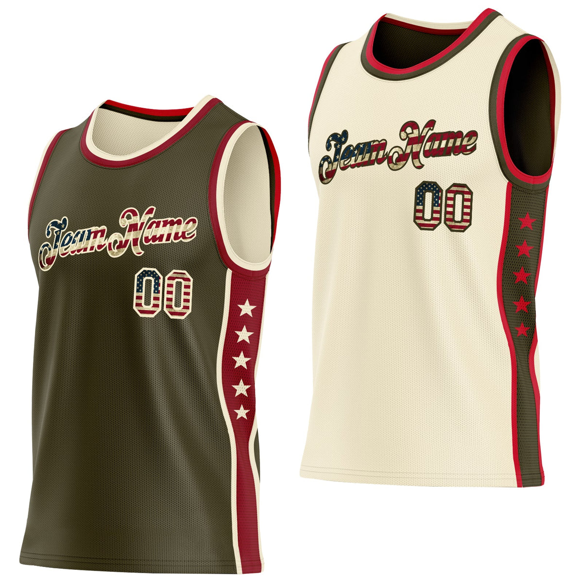 Custom Reversible Olive Vintage USA Flag-Cream Double Side Star Sublimation Basketball Set Jersey
