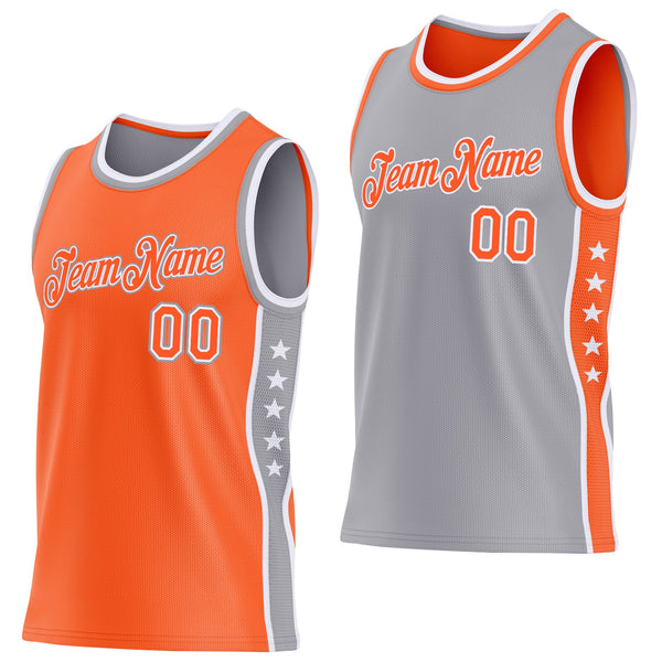 Custom Reversible Orange White-Gray Double Side Star Sublimation Basketball Set Jersey