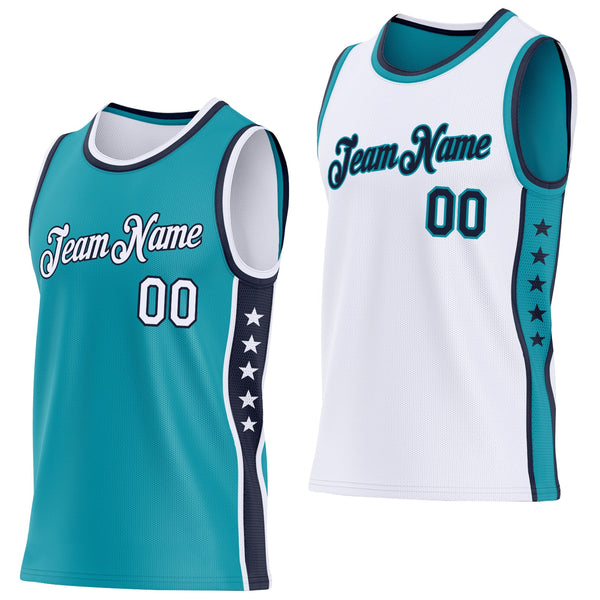 Custom Reversible Teal White-Navy Double Side Star Sublimation Basketball Set Jersey