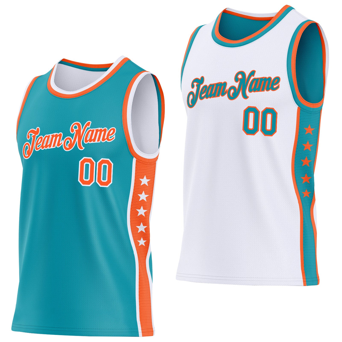 Custom Reversible Teal Orange-White Double Side Star Sublimation Basketball Set Jersey