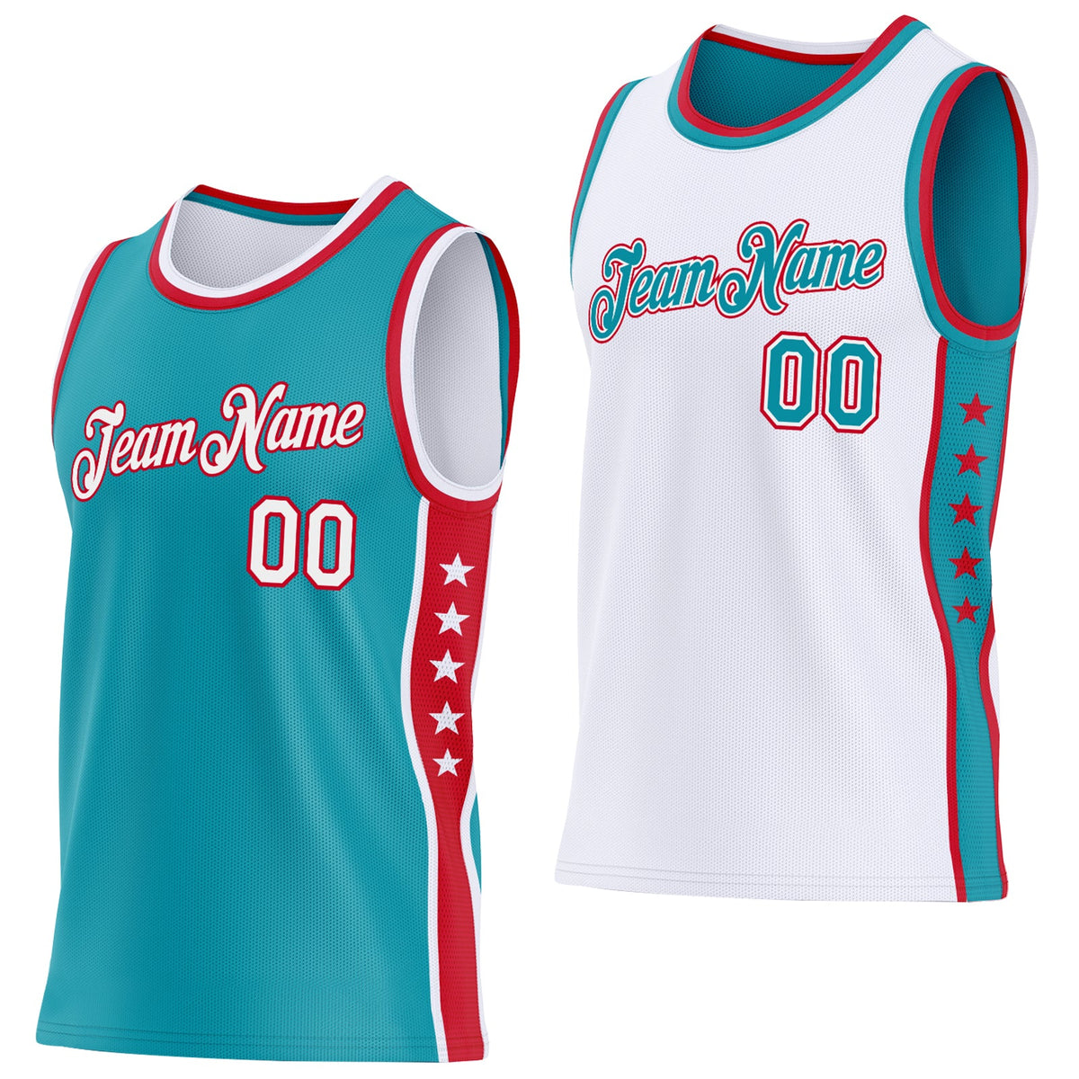 Custom Reversible Teal White-Red Double Side Star Sublimation Basketball Set Jersey