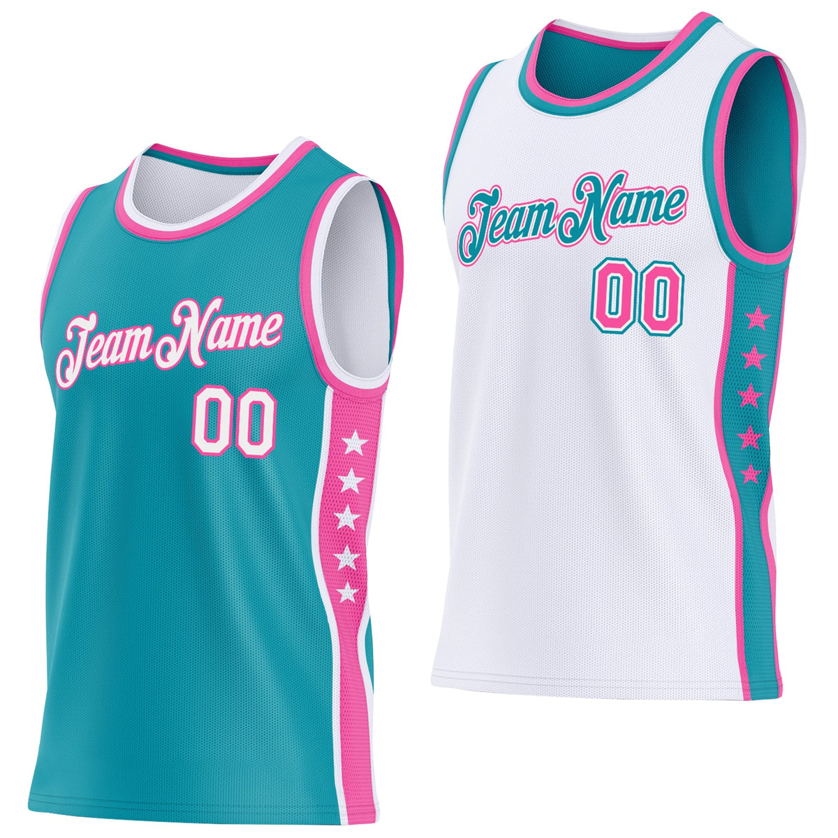 Custom Reversible Teal White-Pink Double Side Star Sublimation Basketball Set Jersey