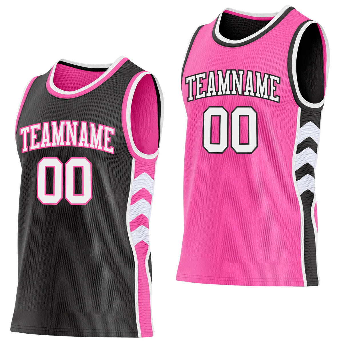 Custom Black White-Pink Side Panel Geometric Chevron Reversible Double Side Sublimation Basketball Set Jersey