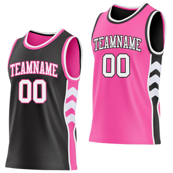 Custom Black White-Pink Side Panel Geometric Chevron Reversible Double Side Sublimation Basketball Set Jersey