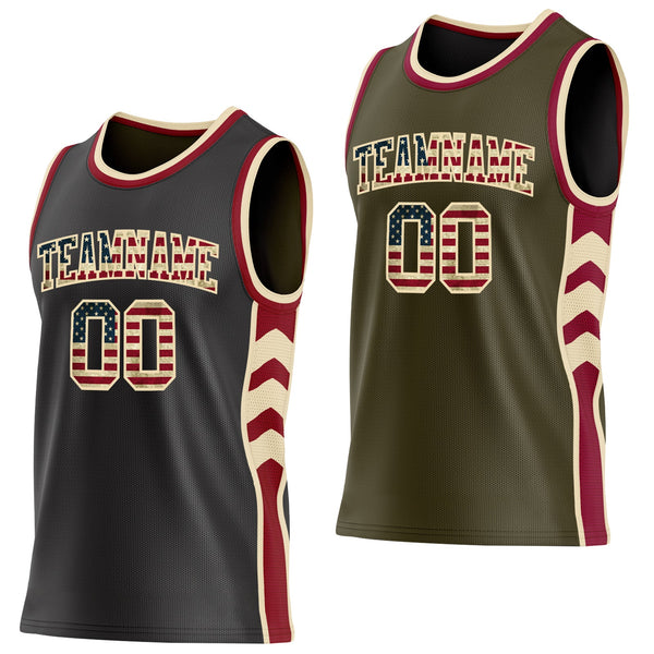 Custom Black(Olive) Vintage USA Flag Cream-Maroon Side Panel Geometric Chevron Reversible Double Side Sublimation Basketball Set Jersey