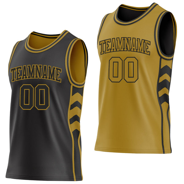 Custom Black-Old Gold Side Panel Geometric Chevron Reversible Double Side Sublimation Basketball Set Jersey