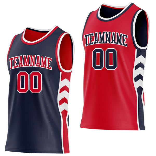Custom Navy Red-White Side Panel Geometric Chevron Reversible Double Side Sublimation Basketball Set Jersey