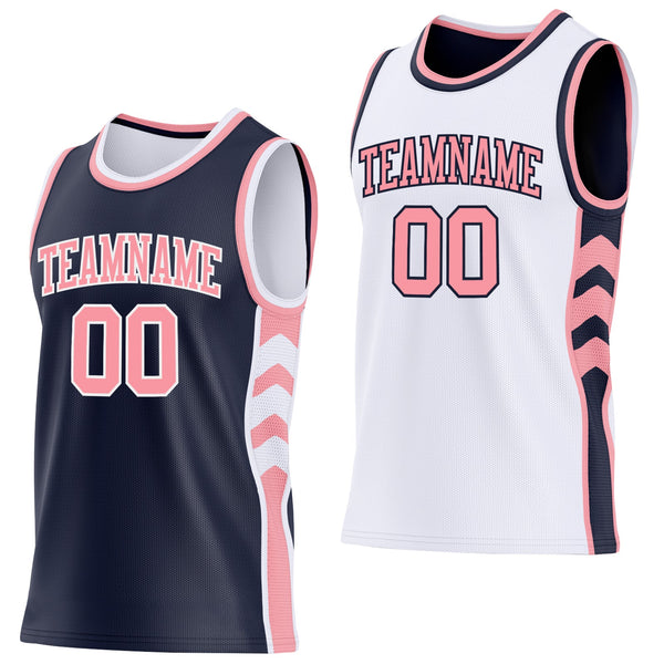 Custom Navy Medium Pink-White Side Panel Geometric Chevron Reversible Double Side Sublimation Basketball Set Jersey