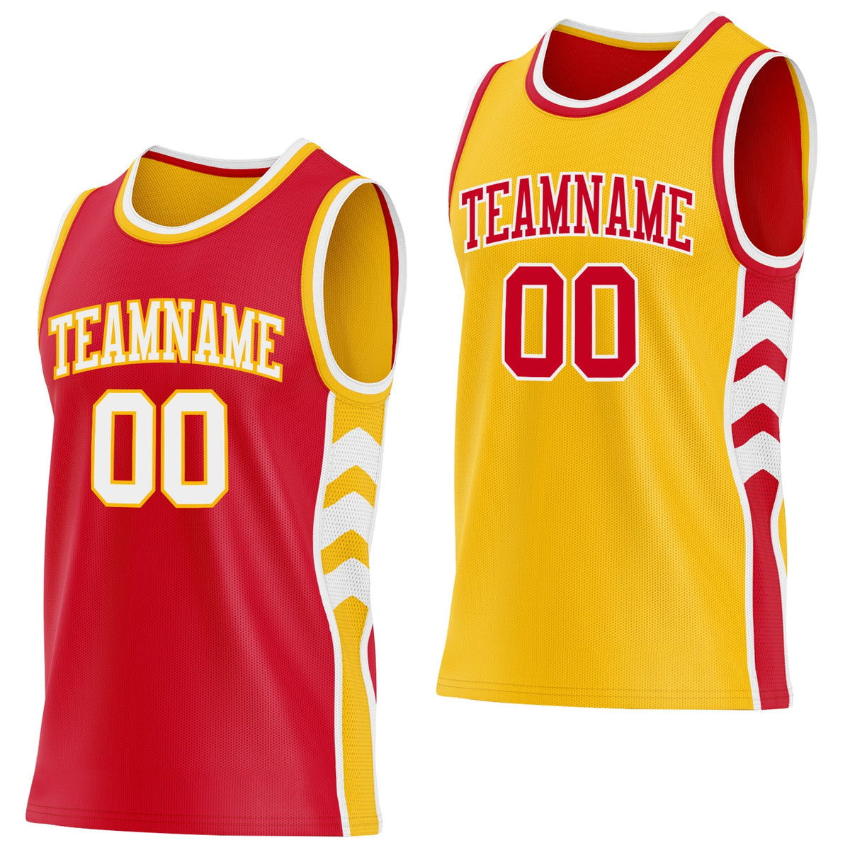 Custom Red White-Gold Side Panel Geometric Chevron Reversible Double Side Sublimation Basketball Set Jersey