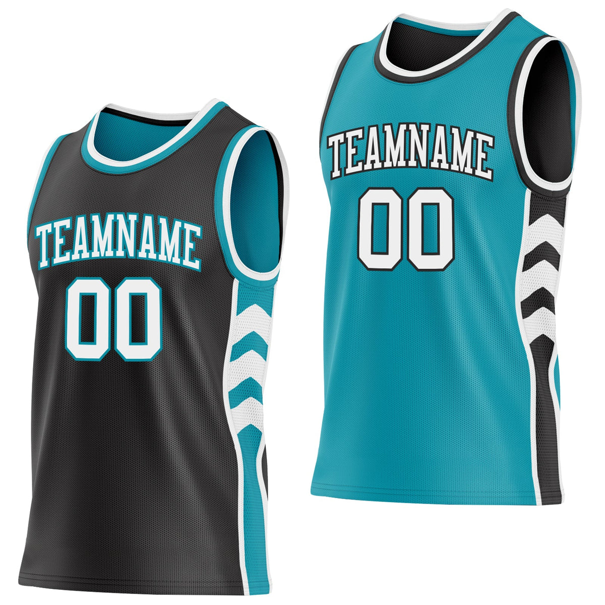 Custom Black White-Teal Side Panel Geometric Chevron Reversible Double Side Sublimation Basketball Set Jersey