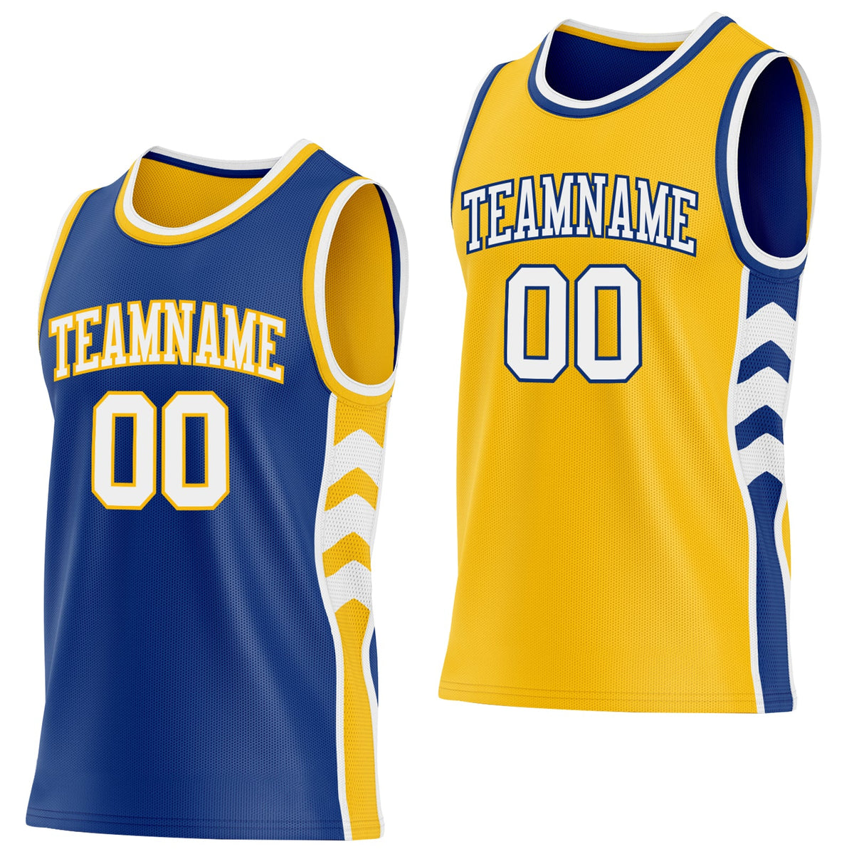Custom Royal White-Gold Side Panel Geometric Chevron Reversible Double Side Sublimation Basketball Set Jersey