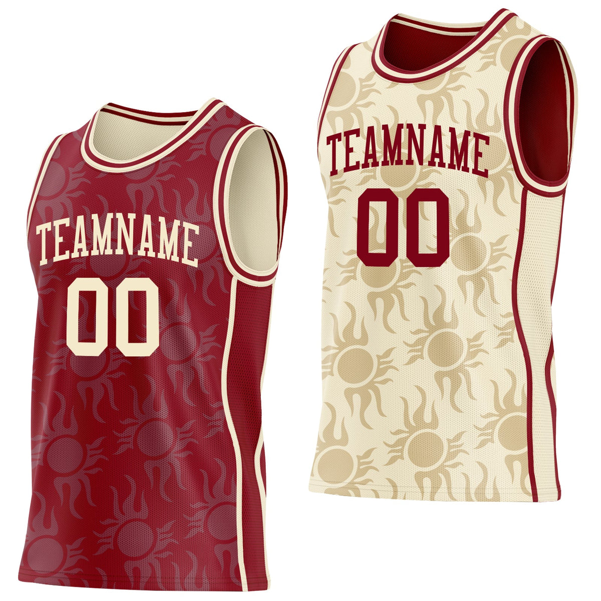 Custom Maroon-Cream Side Panel Stripe Sun Flame Reversible Double Side Sublimation Basketball Set Jersey