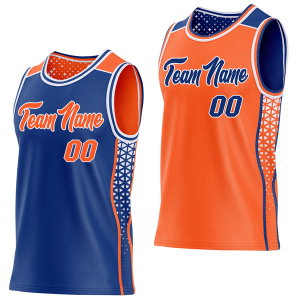 Custom Royal Orange-White Side Panel Stripe Geometric Triangle Gradient Dot Reversible Double Side Sublimation Basketball Set Jersey