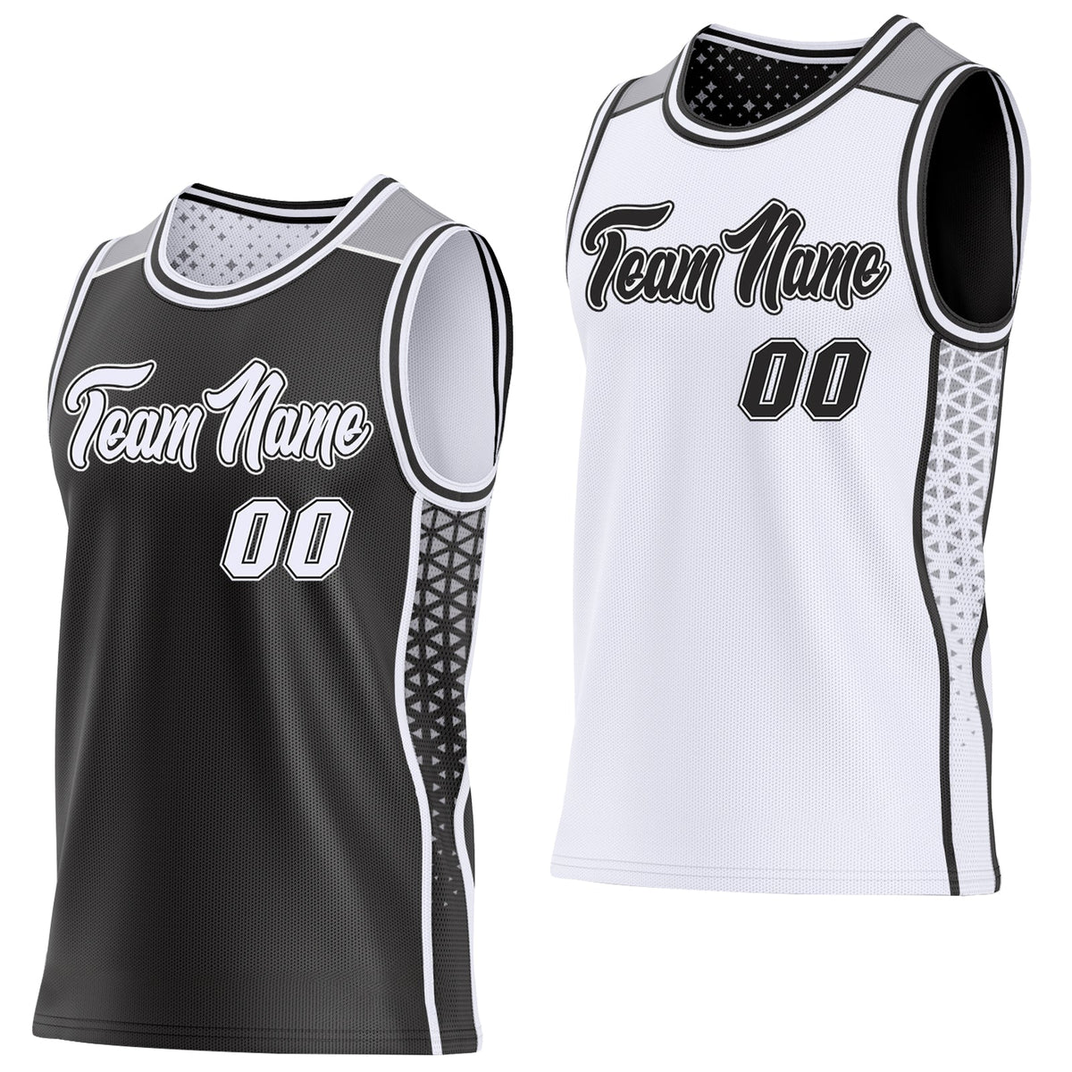 Custom Black White-Gray Side Panel Stripe Geometric Triangle Gradient Dot Reversible Double Side Sublimation Basketball Set Jersey