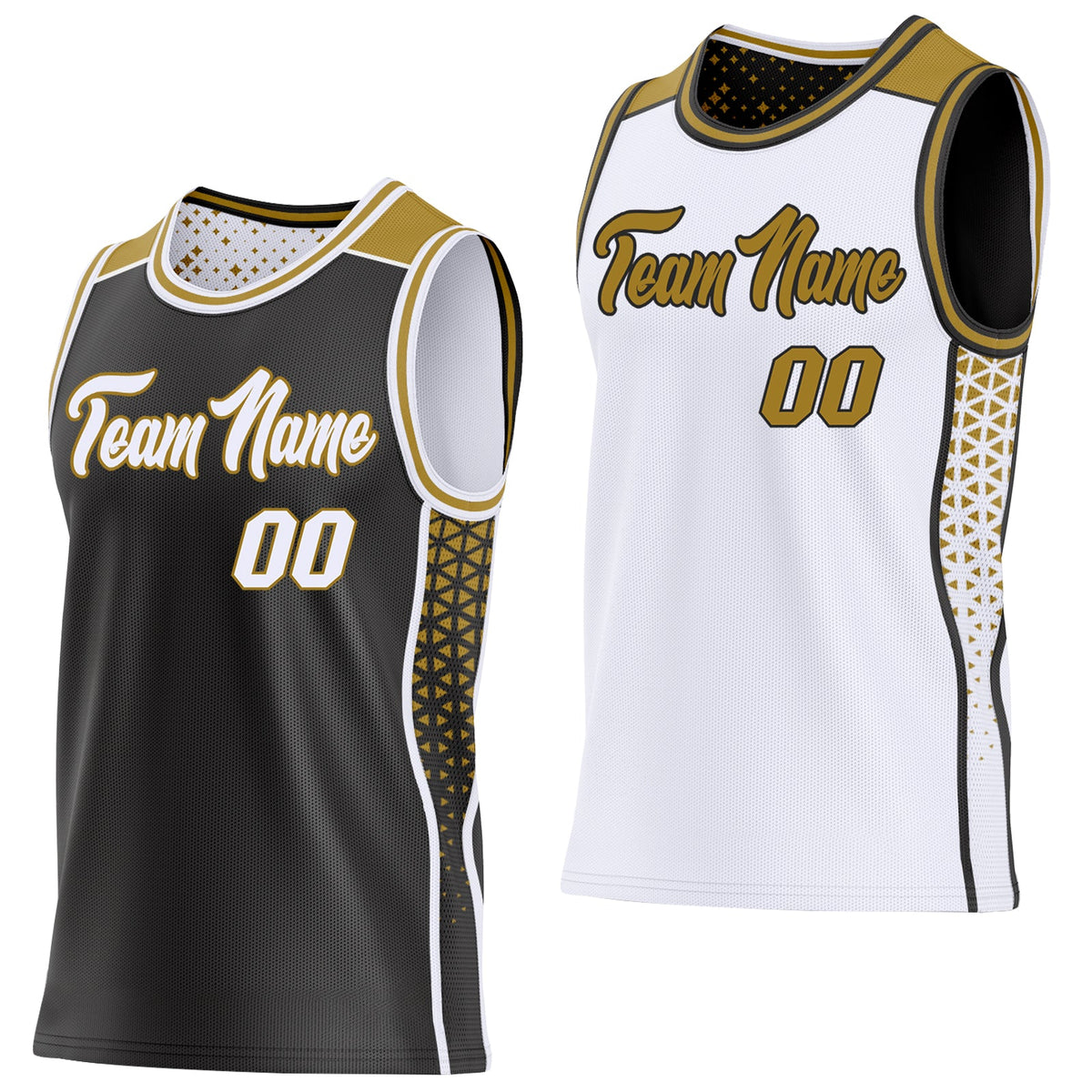 Custom Black White-Old Gold Side Panel Stripe Geometric Triangle Gradient Dot Reversible Double Side Sublimation Basketball Set Jersey