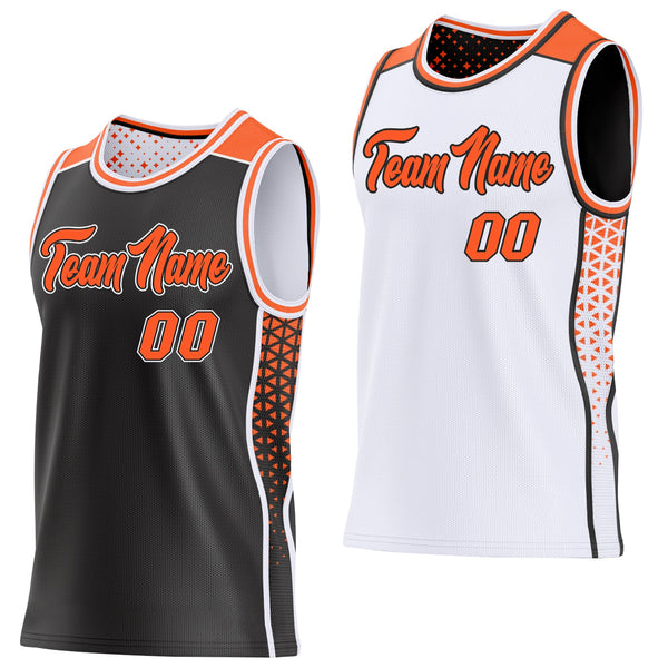 Custom Black Orange-White Side Panel Stripe Geometric Triangle Gradient Dot Reversible Double Side Sublimation Basketball Set Jersey