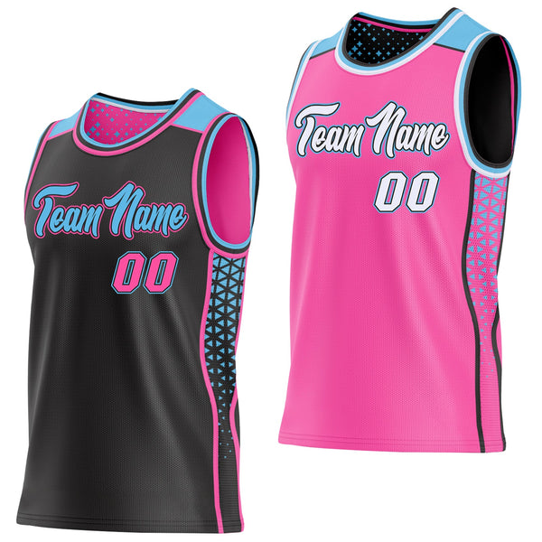 Custom Black Pink-Sky Blue Side Panel Stripe Geometric Triangle Gradient Dot Reversible Double Side Sublimation Basketball Set Jersey