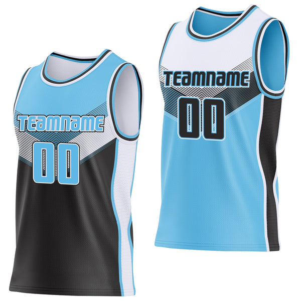 Custom Sky Blue Black-White Side Panel Stripe Geometric V-Cut Color Block Reversible Double Side Sublimation Basketball Set Jersey