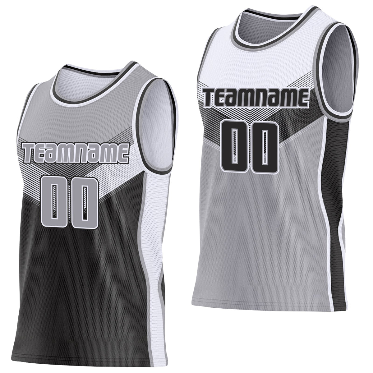 Custom Gray Black-White Side Panel Stripe Geometric V-Cut Color Block Reversible Double Side Sublimation Basketball Set Jersey