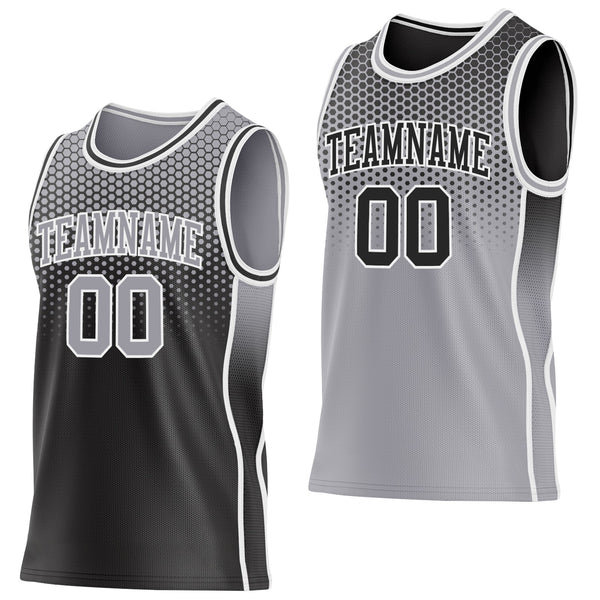 Custom Black Gray-White Side Panel Stripe Gradient Geometric Honeycomb Reversible Double Side Sublimation Basketball Set Jersey