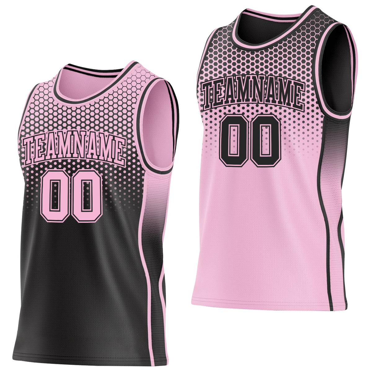 Custom Black-Light Pink Side Panel Stripe Gradient Geometric Honeycomb Reversible Double Side Sublimation Basketball Set Jersey