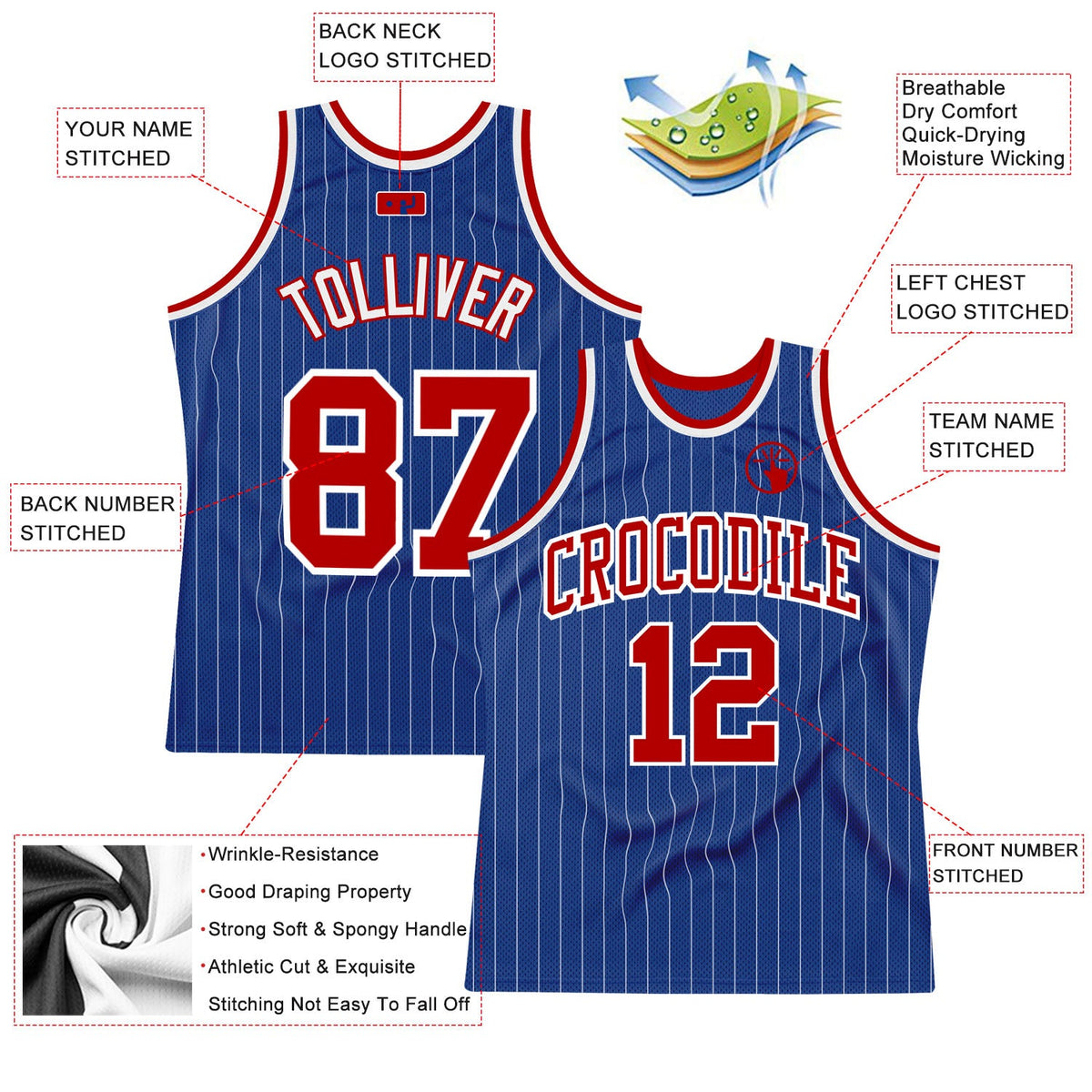 Custom Royal White Pinstripe Red-White Authentic Basketball Jersey - Back