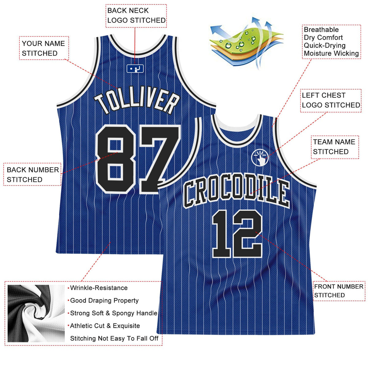 Custom Royal White Pinstripe Black-White Authentic Basketball Jersey - Back