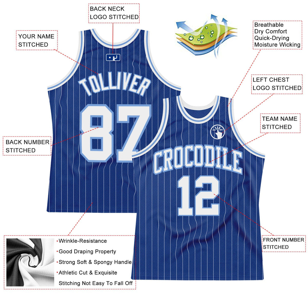 Custom Royal White Pinstripe White-Light Blue Authentic Basketball Jersey - Back